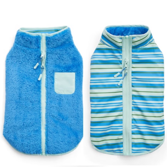 Youly Other - YOULY Teal Blue Reversible Stripe Pet Jacket Rain Coat Minky Fleece Small NEW